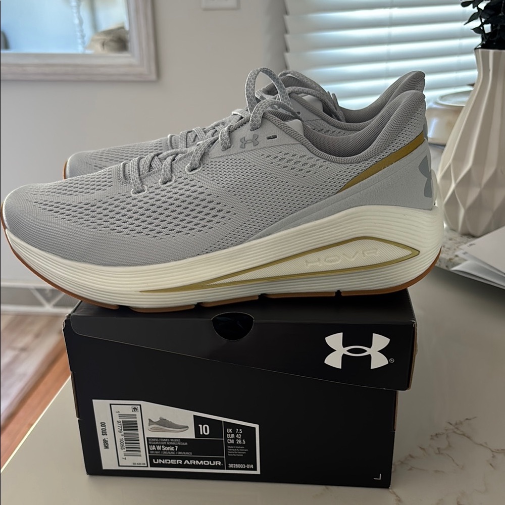 Under Armour Women’s NWT Light Gray and Gold Athletic Shoes UA W Sonic 7